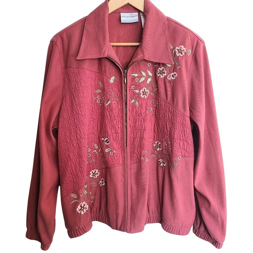 Retro Alfred Dunner Petite Pink Floral‎ Embroidered Full Zip Collared Jacket 14
